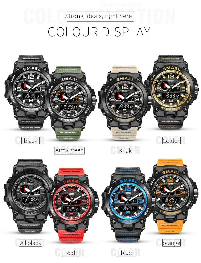 Water-resistant 50M men's wristwatch by The Clothing Company Sydney with dual display, alarm, and military-style quartz sport watch.
