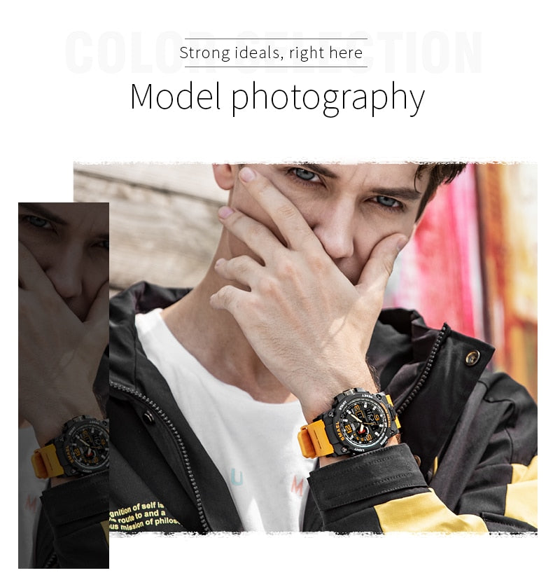 Water-resistant 50M men's military sport wristwatch with dual display and quartz movement, from The Clothing Company Sydney.