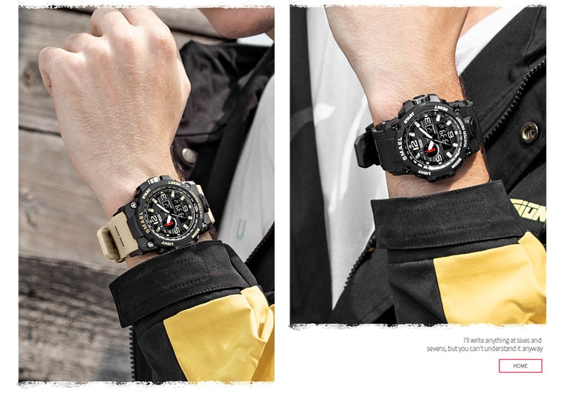 Water-resistant 50M men's quartz military wristwatch with dual display and alarm, ideal for sports and outdoor activities.