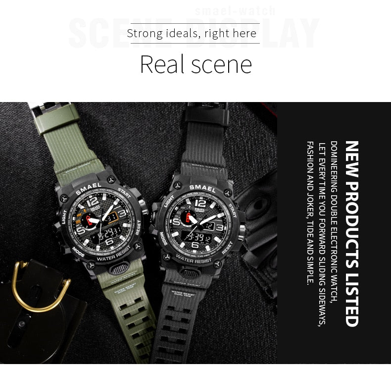Water-resistant 50M men's wristwatch with dual display, quartz movement, military style, sport design from The Clothing Company Sydney.