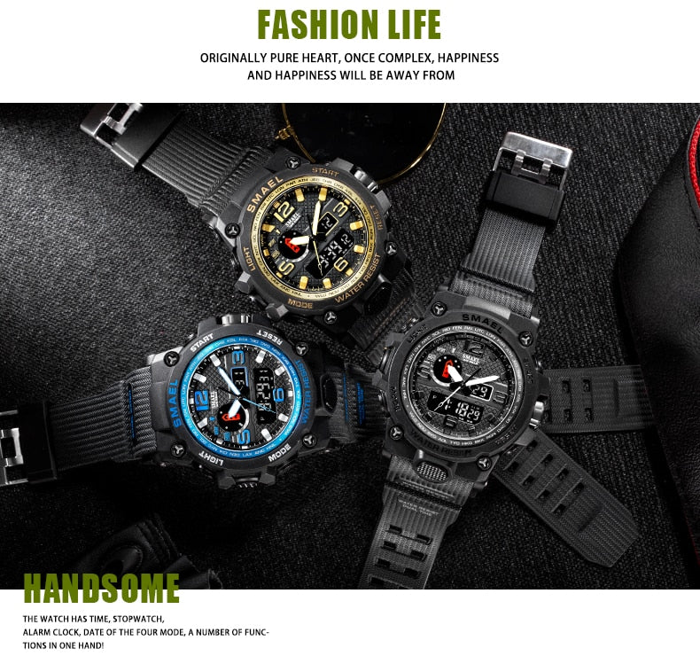 50M water-resistant military-style wristwatch with dual display, quartz movement, suitable for sports and everyday wear.