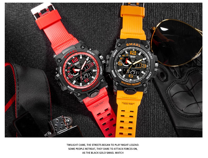 Water-resistant 50M men's military sport wristwatch from The Clothing Company Sydney with dual display and quartz movement.