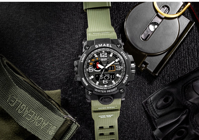 Water-resistant 50M military wristwatch with dual display, quartz movement, suitable for sports and outdoor activities.