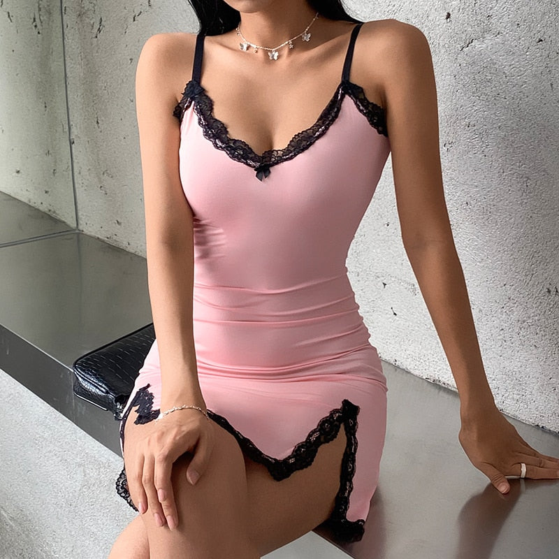 Pink lace patchwork summer mini dress with strap bow detail, side split, bodycon fit, by The Clothing Company Sydney.