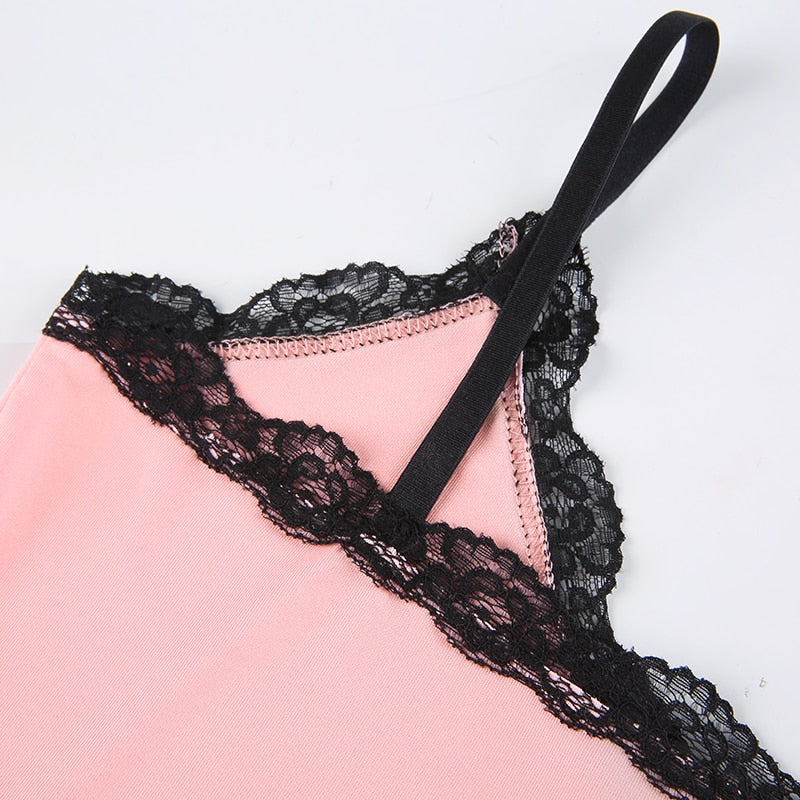 Pink lace patchwork strap bow bodycon sundress with side split, perfect for summer, from The Clothing Company Sydney.