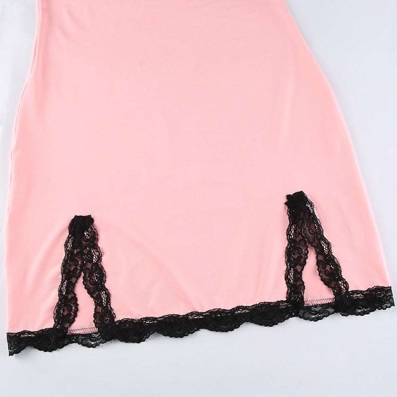 Pink lace patchwork strap bow bodycon summer mini dress with side split from The Clothing Company Sydney, perfect for warm weather.