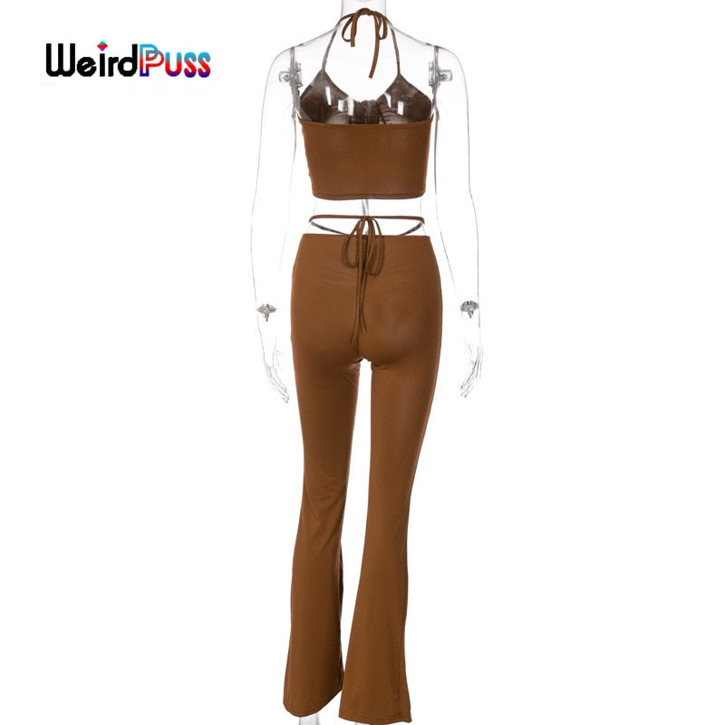 Matching pants from The Clothing Company Sydney, stretchy skinny bodycon set with halter bandage v-neck sleeveless tops and sweatpants.