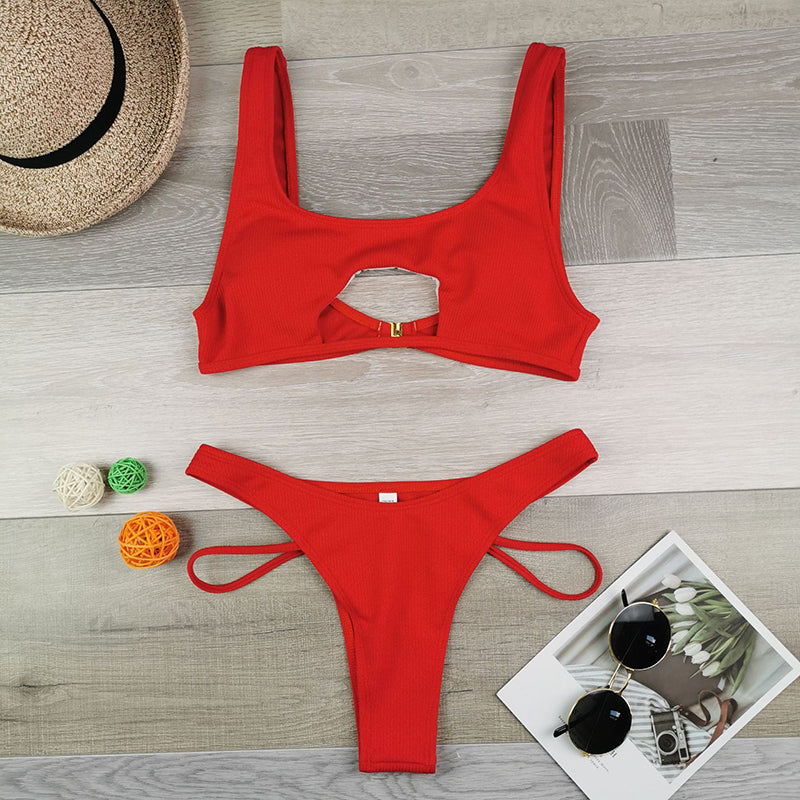 Hollow out high cut swimsuit by The Clothing Company Sydney featuring solid color, fashion bathingsuit for beachwear and bikini style.