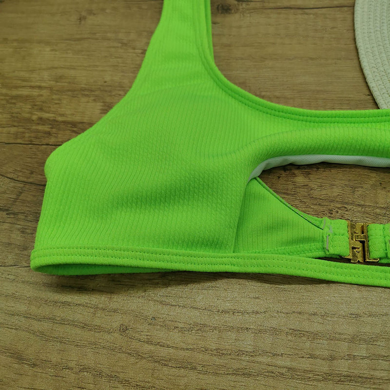 Hollow out high cut swimsuit from The Clothing Company Sydney, solid fashion bikini set ideal for beachwear and swimming.