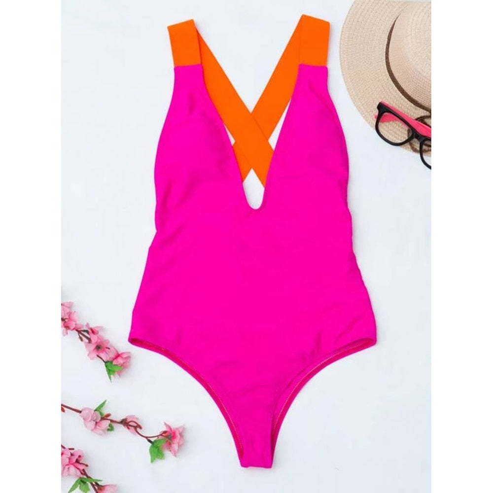 Pink patchwork cross back one-piece swimsuit by The Clothing Company Sydney, stylish monokini for summer beachwear.