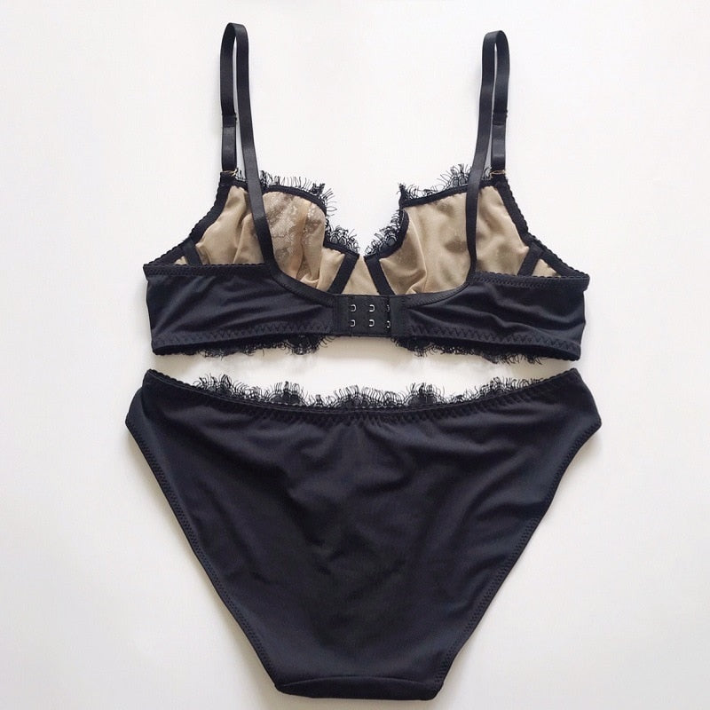 Lacy eyelash lace bralette and matching panties set from The Clothing Company Sydney, sexy push-up lingerie undergarments.