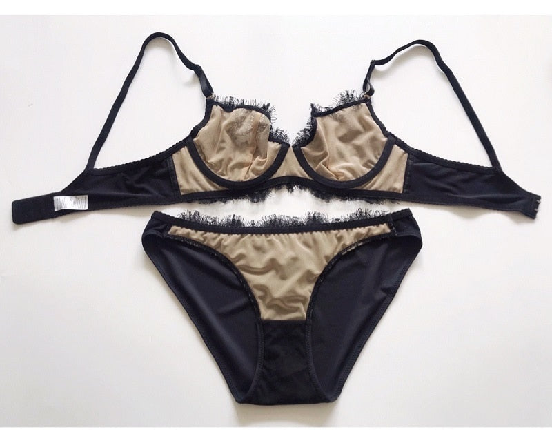 Two-piece eyelash lace bralette and panties set from The Clothing Company Sydney, featuring sexy push-up bra and matching underwear.