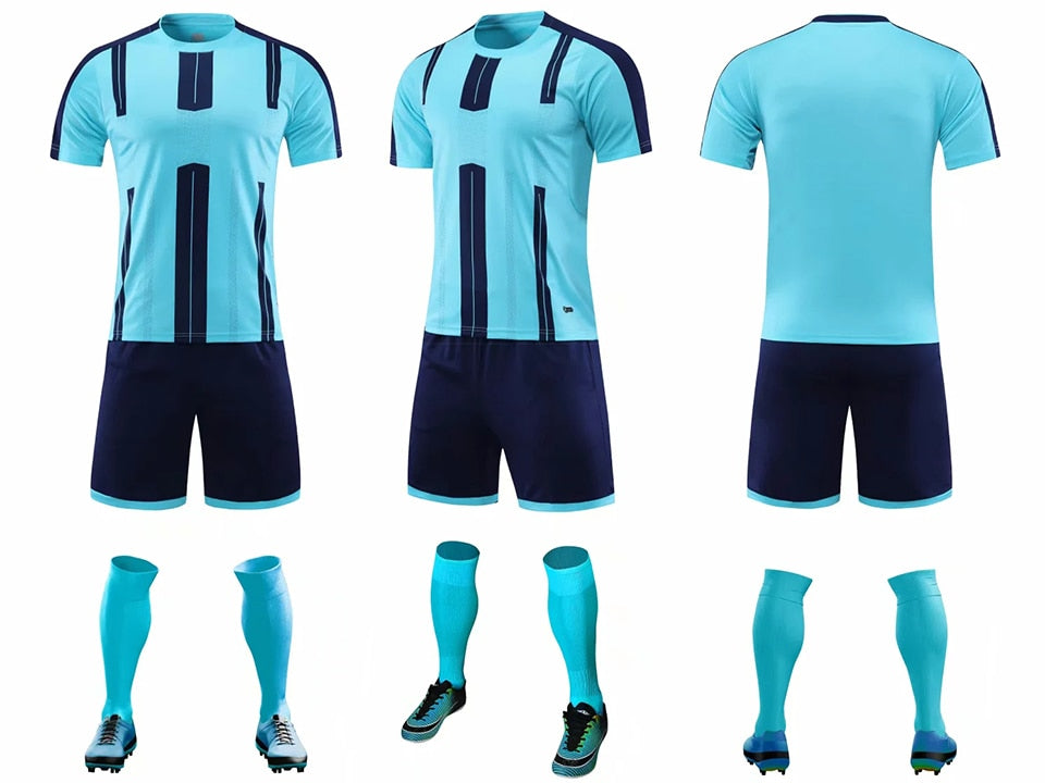 Adults and kids customized soccer jersey and shorts uniform set from The Clothing Company Sydney, featuring team colors and branding.
