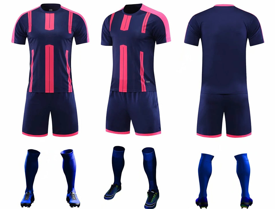 Adult and kids customized soccer football jersey shorts uniform set by The Clothing Company Sydney, showing vibrant team colors and design.