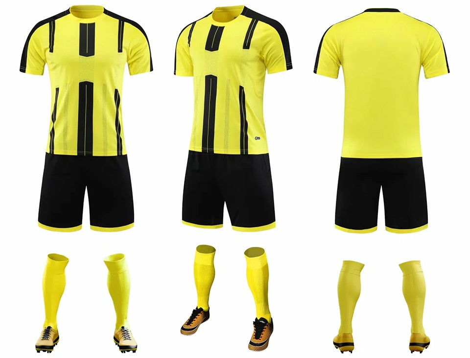 Adults and kids customized soccer jersey and shorts set by The Clothing Company Sydney, featuring team colors and logos.
