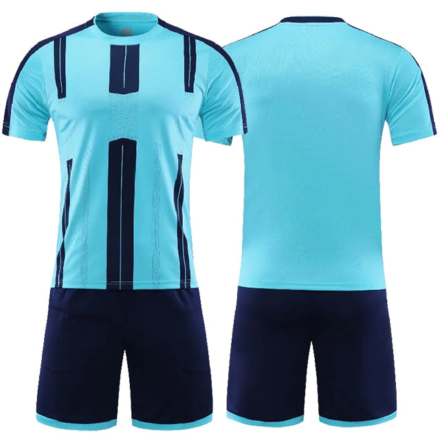 Customized soccer jersey and shorts set for adults and kids by The Clothing Company Sydney, featuring a sporty design and team colors.