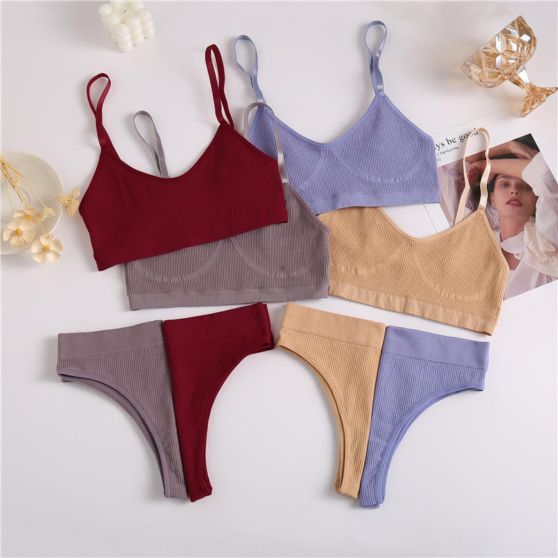Two-piece ribbed bralette and crop top set by The Clothing Company Sydney, stretchy underwear with basic bra and tank styles