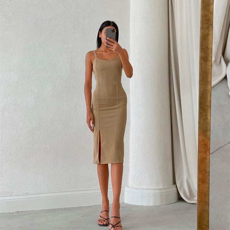 Strapless sleeveless solid knee-length bodycon summer dress with a split from The Clothing Company Sydney, featuring a sleek, elegant design.