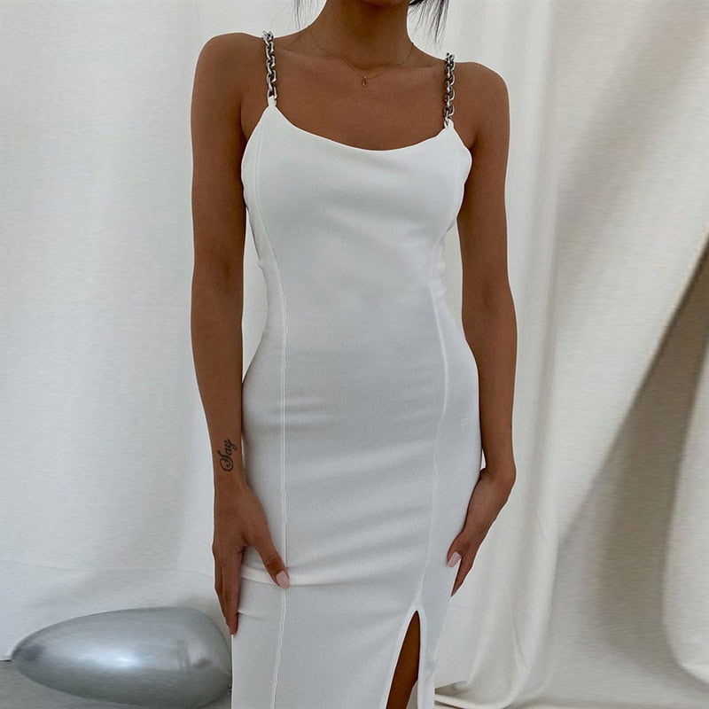 Striped sleeveless bodycon summer dress with chain strap, knee-length, solid color, from The Clothing Company Sydney.