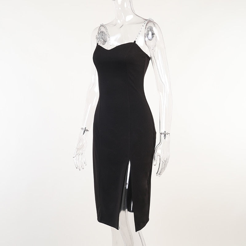 Strapless sleeveless solid bodycon summer dress with chain accents, knee-length, from The Clothing Company Sydney