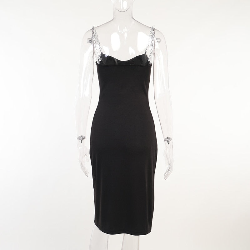 Strapless sleeveless solid knee-length bodycon summer dress by The Clothing Company Sydney with elegant chain strap detail.