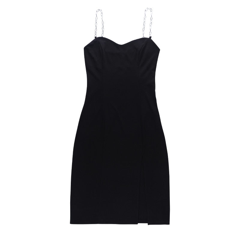 Strapless sleeveless solid bodycon summer dress with split knee-length, elegant chain detail, by The Clothing Company Sydney.