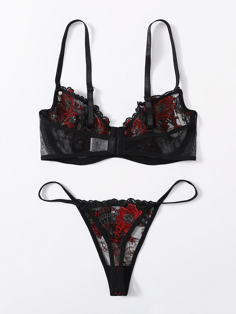 Floral embroidery lace underwear set with underwire push-up bra by The Clothing Company Sydney, featuring delicate lace and floral details.