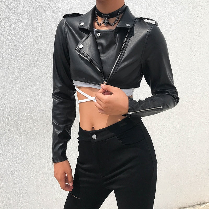 Street motorcycle faux leather women's cropped jacket with zipper detail, perfect for autumn fashion and casual outerwear.