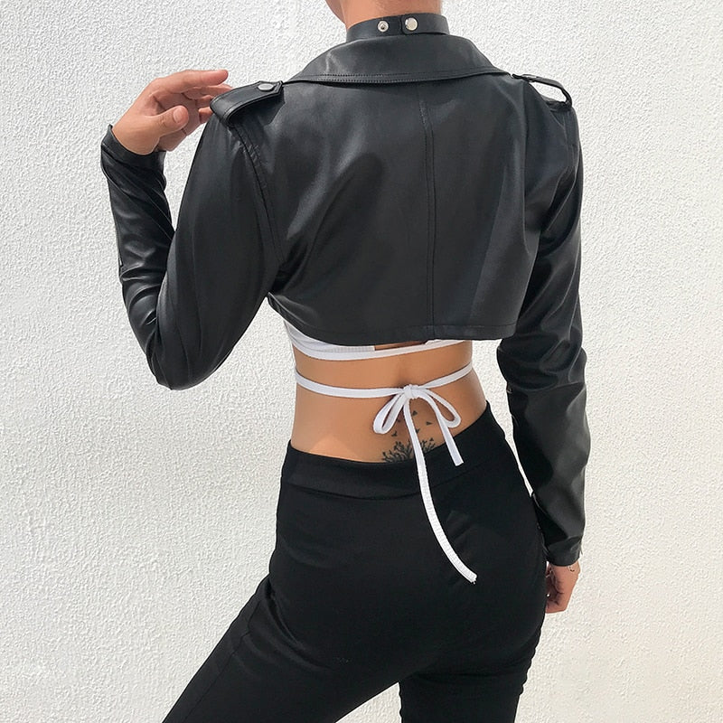 Women’s faux leather cropped motorcycle jacket with zipper details, stylish autumn outerwear by The Clothing Company Sydney.