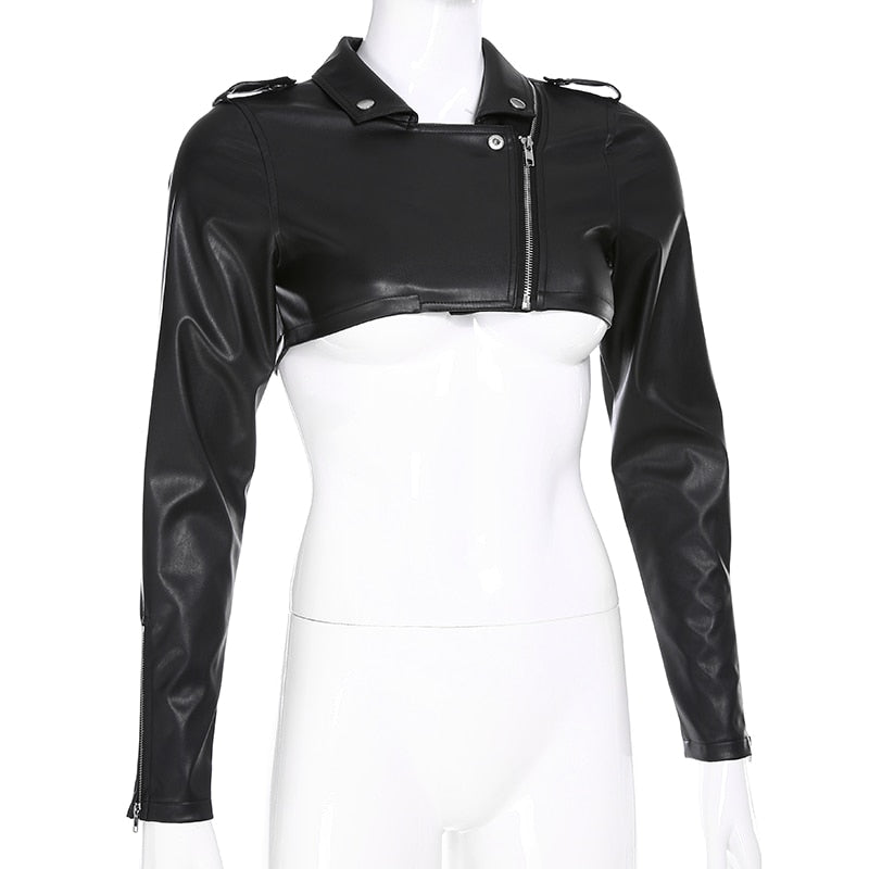 Street motorcycle faux leather women's cropped jacket with zipper detail, autumn outerwear by The Clothing Company Sydney.