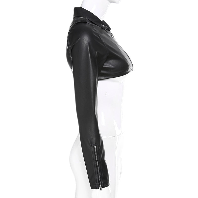 Street motorcycle-inspired faux leather women's cropped jacket with zipper details, perfect for autumn outdoor fashion.