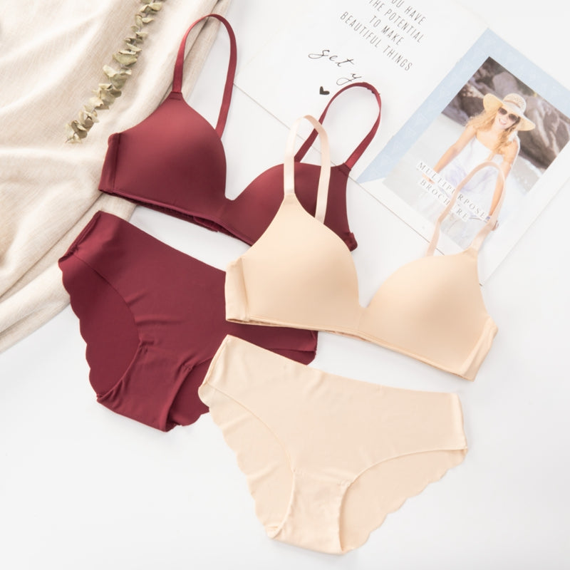 Seamless wireless bra and briefs set from The Clothing Company Sydney, with adjustable straps and simple, comfortable design.