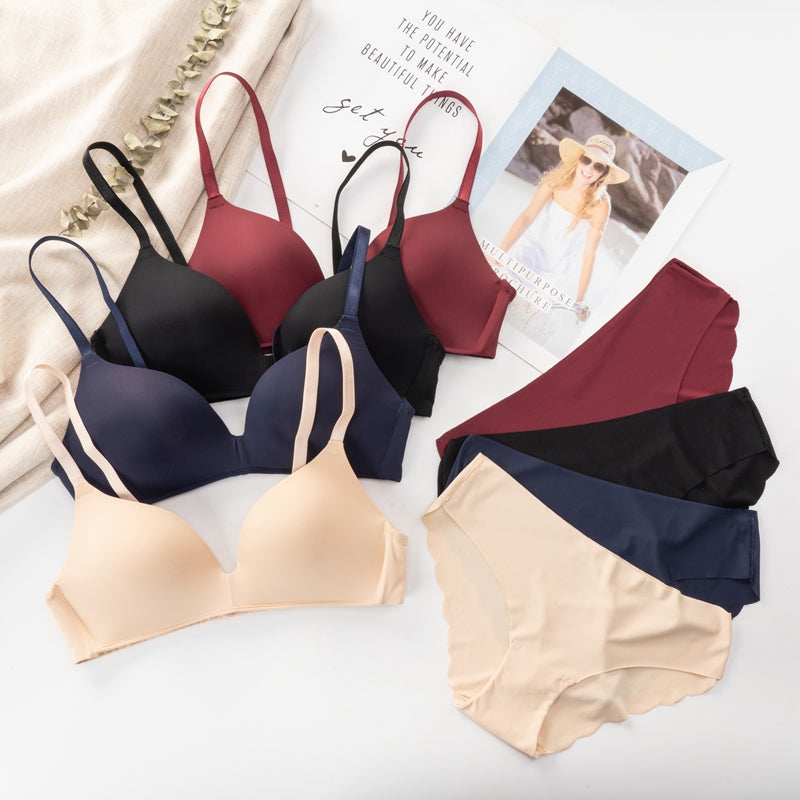 Two-piece seamless wireless bra and brief underwear set by The Clothing Company Sydney, with adjustable straps and simple style.