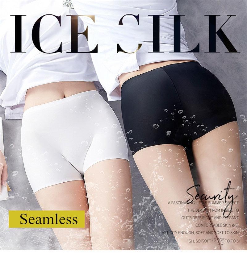Two pairs of women's seamless ice silk boxer boyshorts with mid waist, breathable summer safety shorts from The Clothing Company Sydney.