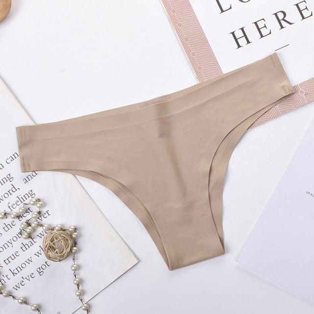 Two seamless, low-rise women's bikini briefs in ice silk, T-back style, solid color, from The Clothing Company Sydney.