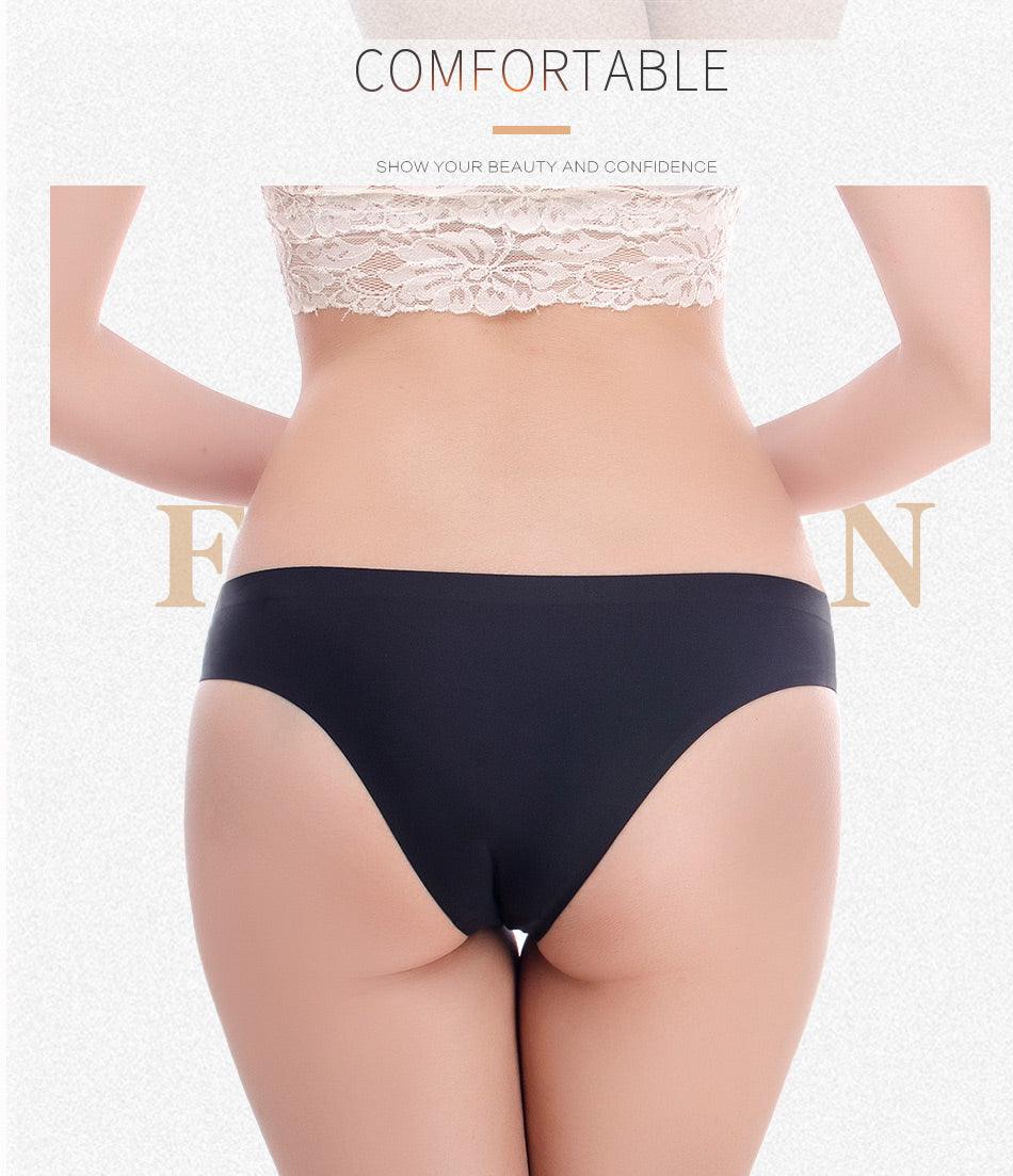 Two seamless women's bikini briefs in solid ice silk, low-rise, T-back style, from The Clothing Company Sydney, in big sizes.