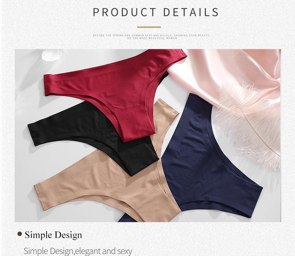 Two seamless, low-rise women’s ice silk bikini briefs in solid colors, featuring T-back design, from The Clothing Company Sydney.