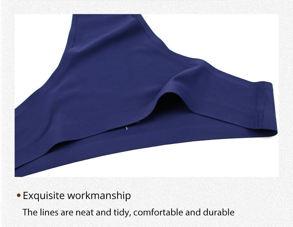Two seamless, low-rise women's underwear briefs from The Clothing Company Sydney in ice silk fabric, T-back bikini style, solid colors.