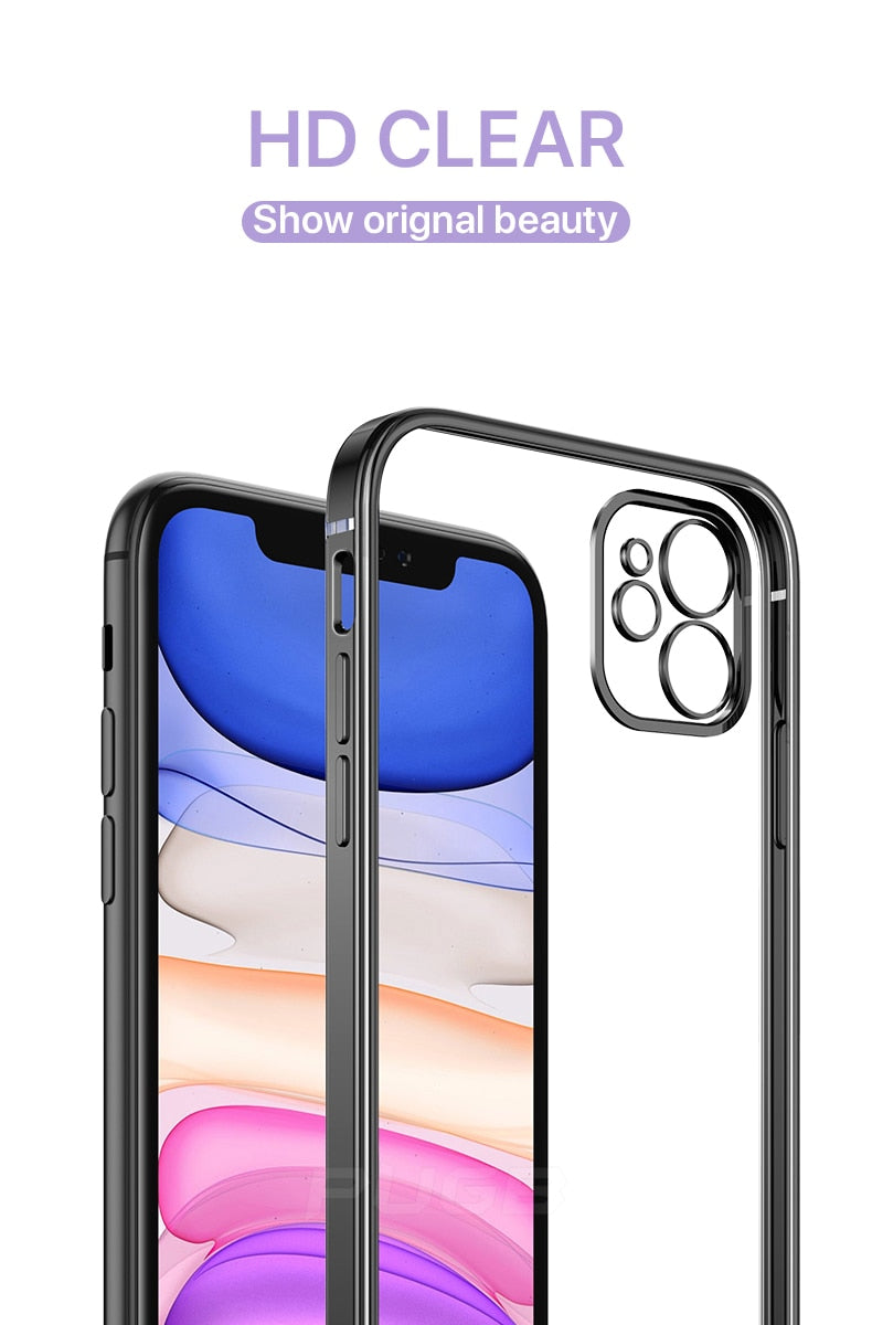 Luxury plating square frame transparent silicone phone case for iPhone 11 to 13 Pro Max, clear and protective.
