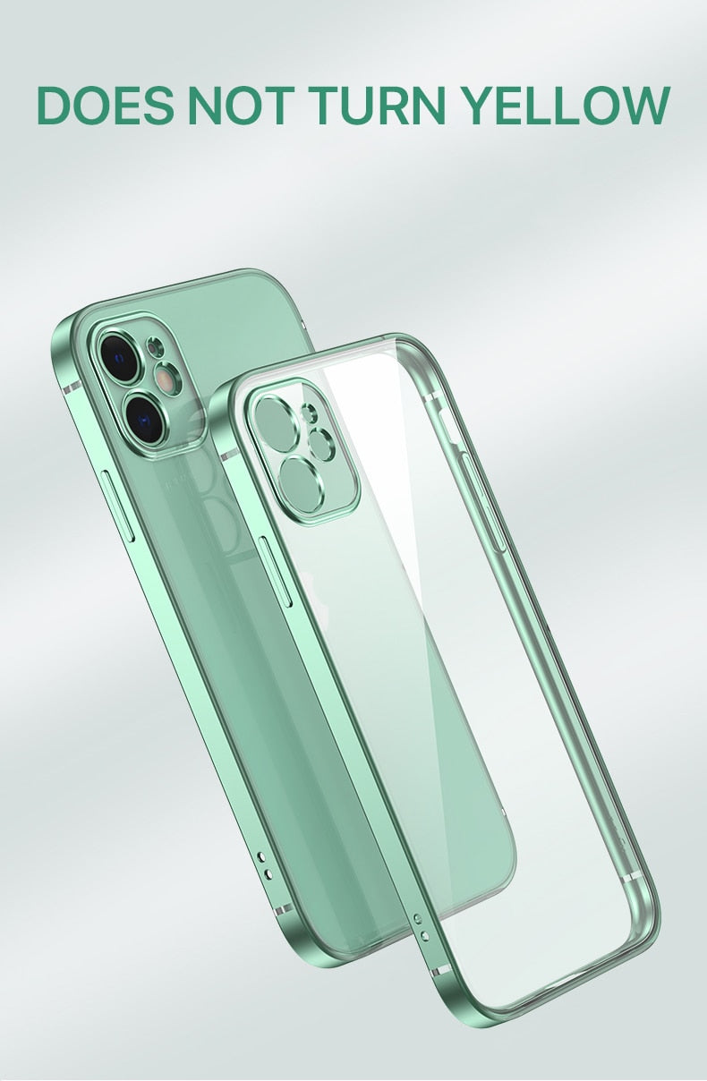 Luxury plating square frame clear silicone phone case for iPhone 11 to 13 Pro Max and other models, soft and transparent.