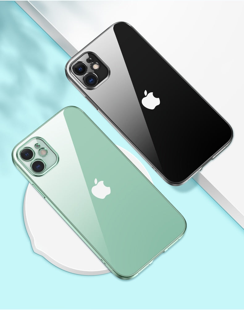 Luxury plating square frame transparent silicone phone case for iPhone 11 to 13 Pro Max, clear and protective.