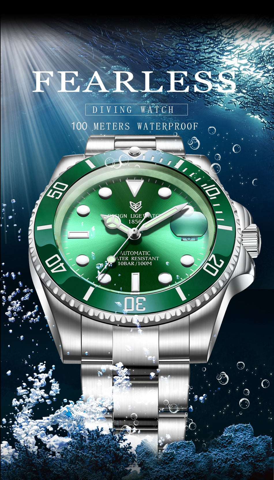 Men's automatic mechanical diving watch by The Clothing Company Sydney, 100ATM waterproof sport watch with luminous dial.