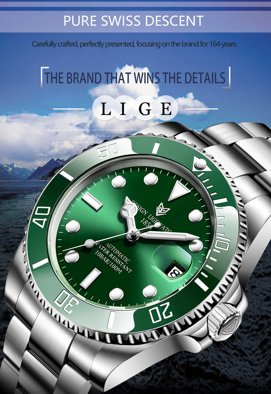 Men's automatic mechanical diving watch by The Clothing Company Sydney, 100ATM waterproof with luminous dial and sporty design.