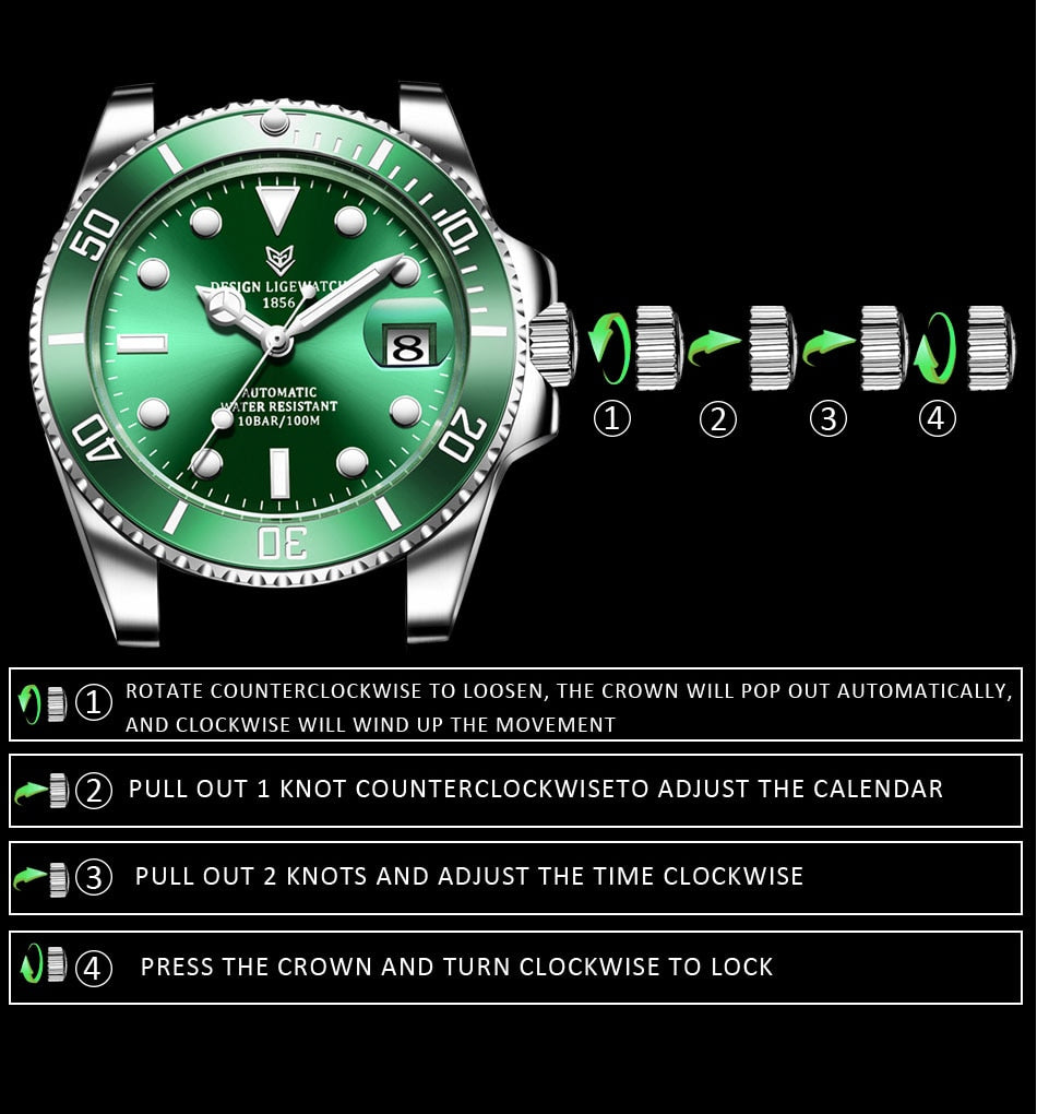 Men's automatic mechanical diving watch by The Clothing Company Sydney, 100ATM waterproof with luminous dial and sporty design.