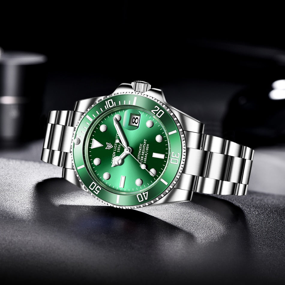 Mens automatic mechanical sport diving watch by The Clothing Company Sydney, 100ATM waterproof luminous watch with sporty design.