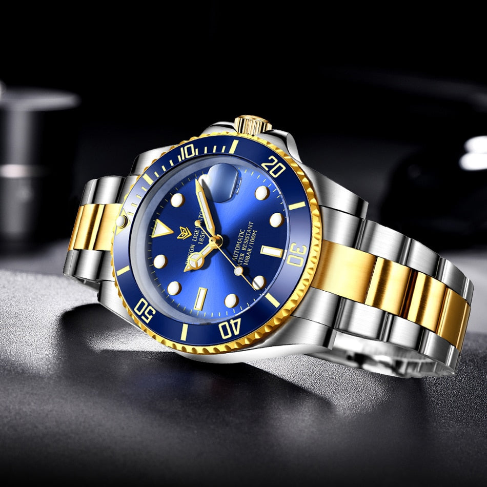 Men's automatic mechanical diving watch by The Clothing Company Sydney, with luminous dial and 100ATM waterproof sports design.