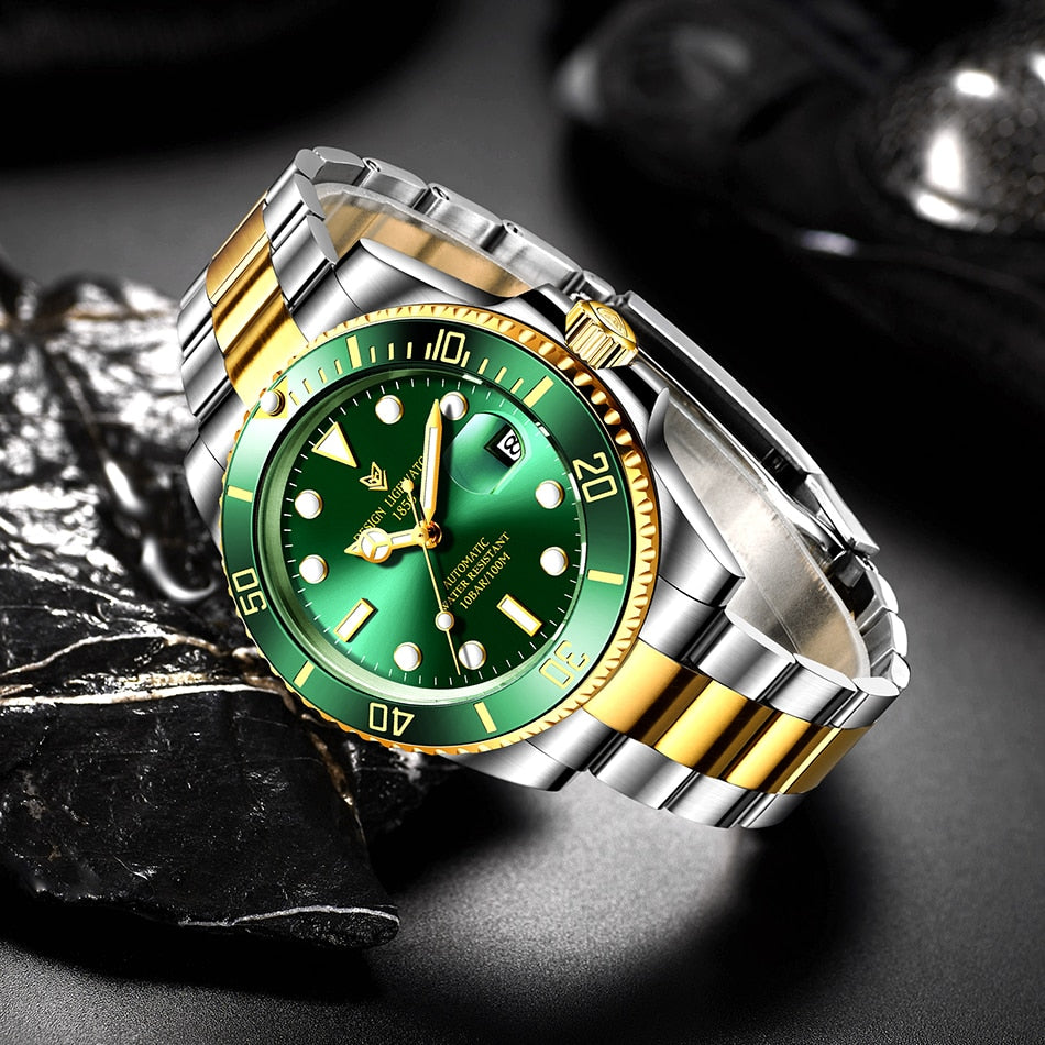 Men's automatic mechanical diving watch from The Clothing Company Sydney, waterproof 100ATM with luminous dial and sporty design.