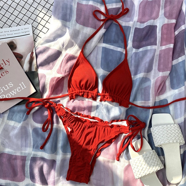 2 Piece Pink Ruffled Frilled Bikini swimsuit swimwear Two piece bikini set Halter Bather String bathing suit The Clothing Company Sydney