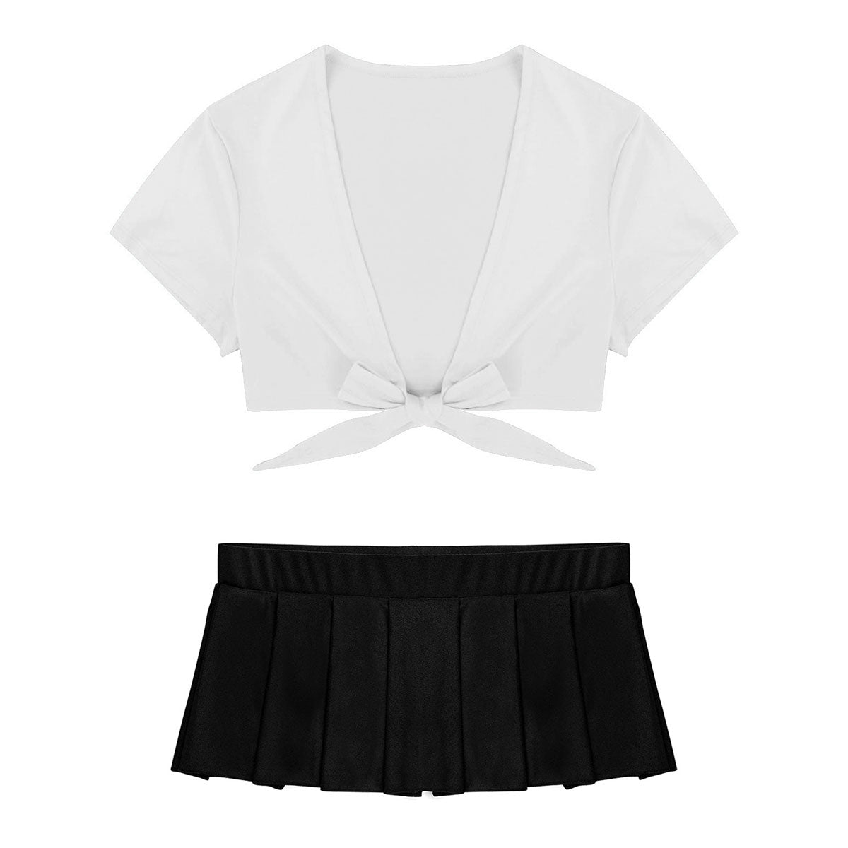Cosplay schoolgirl costume with short sleeve crop top and pleated mini skirt, ideal for night clubwear and themed events.