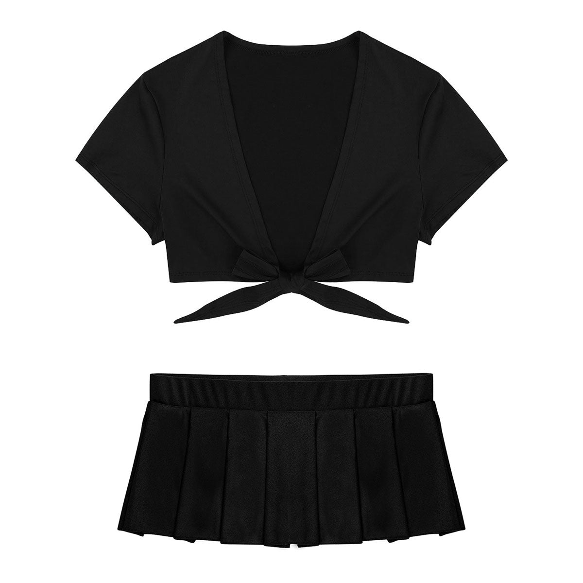 Cosplay schoolgirl costume featuring a short-sleeve crop top and pleated mini skirt, ideal for night clubwear and themed events.